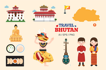 Travel Bhutan map and elements Set.