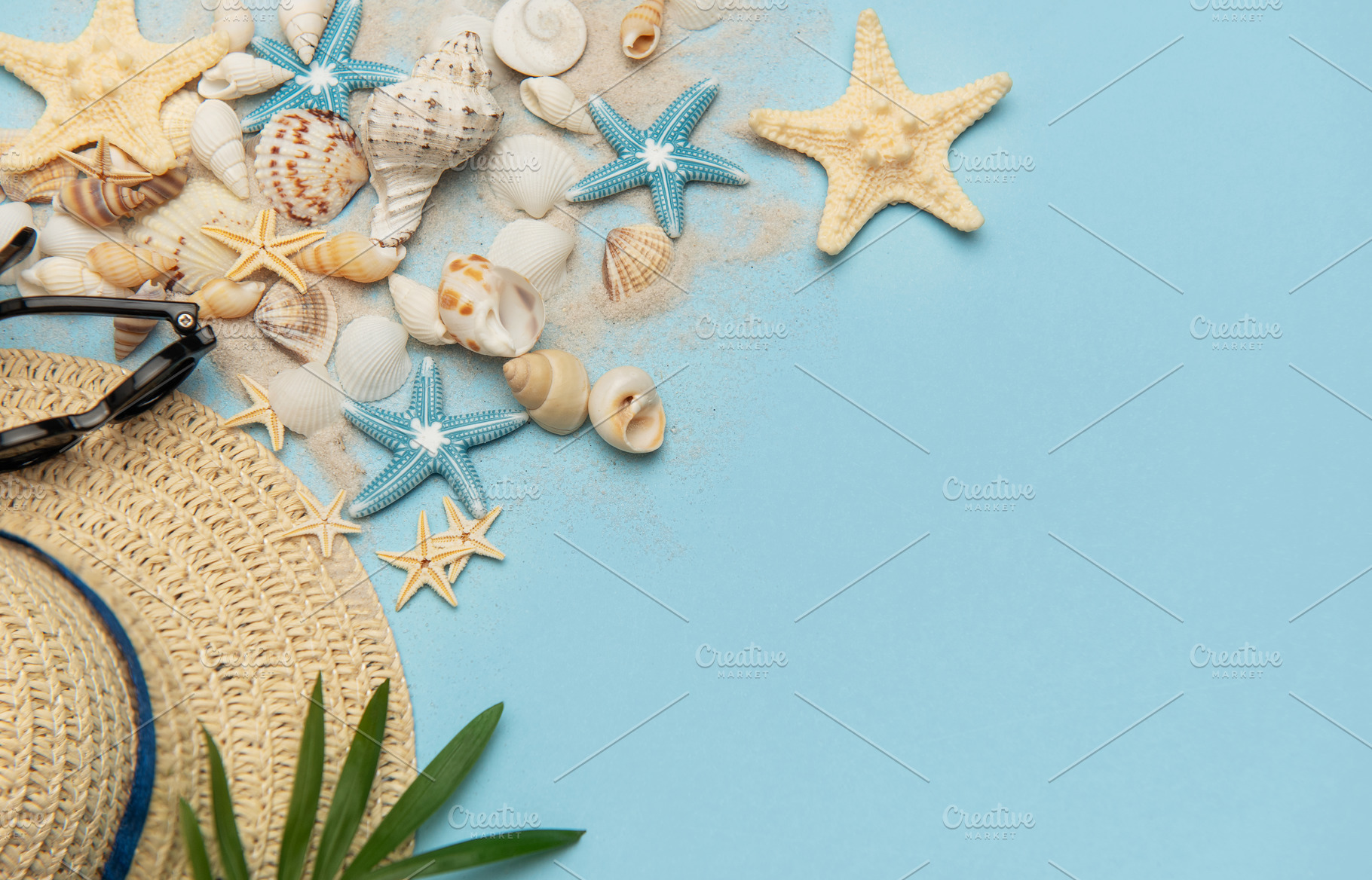 Summer holiday beach background with seashells, sunglasses and s, a Holiday Photo by Olena Rudo