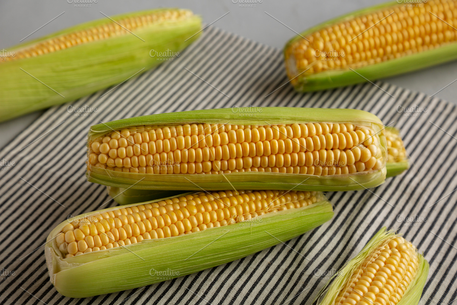 Fresh Raw Organic Corn on the Cob in the Husk, side view., a Food & Drink Photo by LiudmylaChuhunova