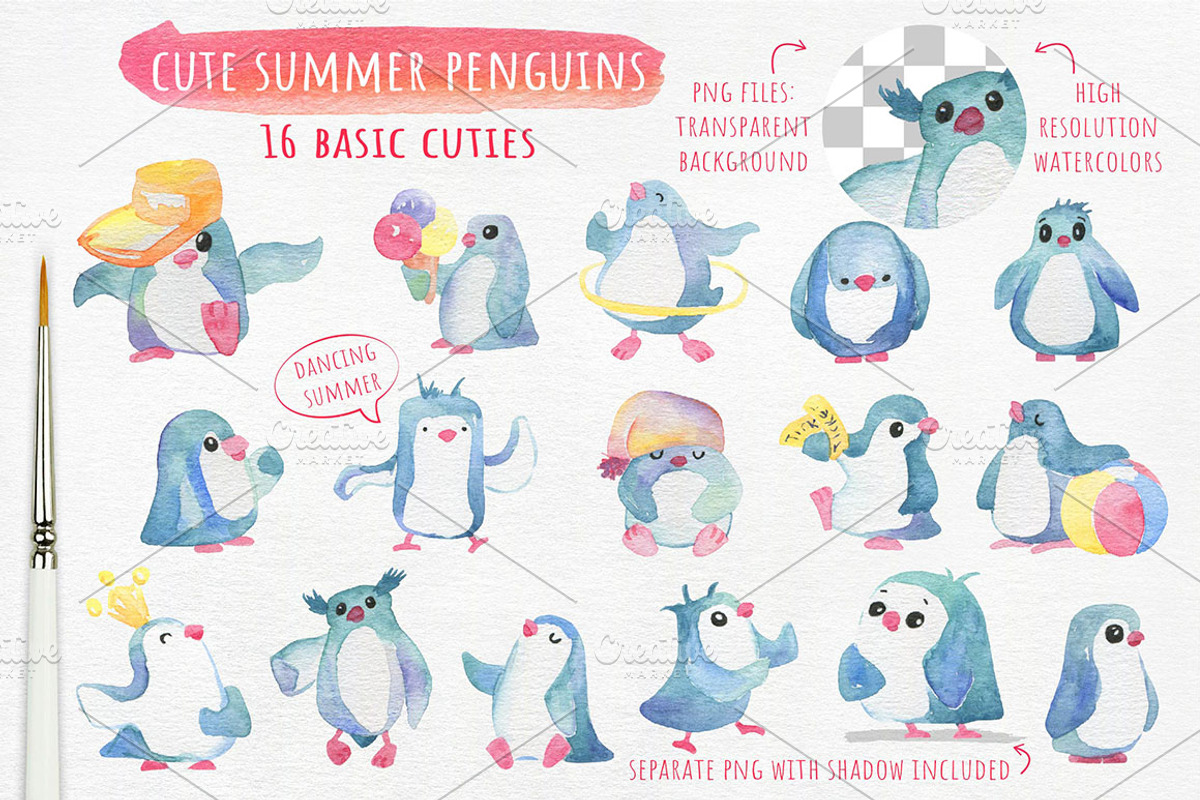 Watercolor Cute Cartoonish Penguins, an Animal Illustration by Kitiri Space (Photo 2 of 5)