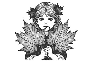 girl holding maple leaves to face, a Person Illustration by AlexArt