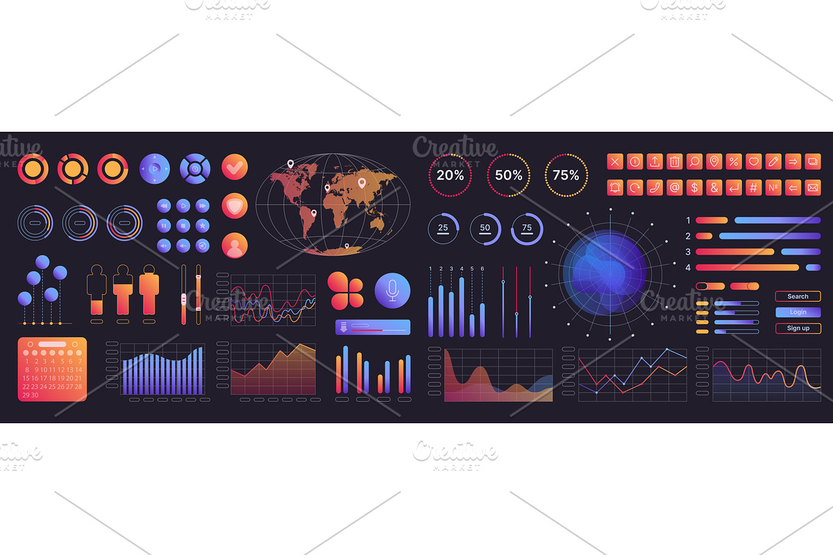 Neon interface elements kit ui icons, an Object Illustration by Lemberg Vector
