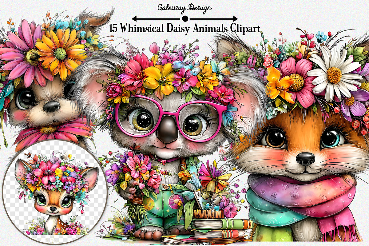 Whimsical Daisy Animals Clipart, an Illustration by GatewayDesign (Photo 1 of 10)
