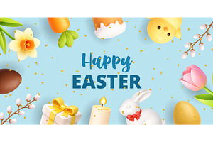 Happy Easter blue banner with, an Object Illustration by GraphiShop