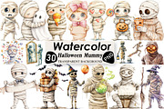 Watercolor Halloween Mummy Clipart, an Illustration by Black Bird Studio (Thumbnail 1 of 6)