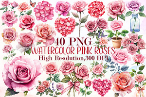 Watercolor Pink Roses Clipart Set, an Illustration by Sublimation Artist
