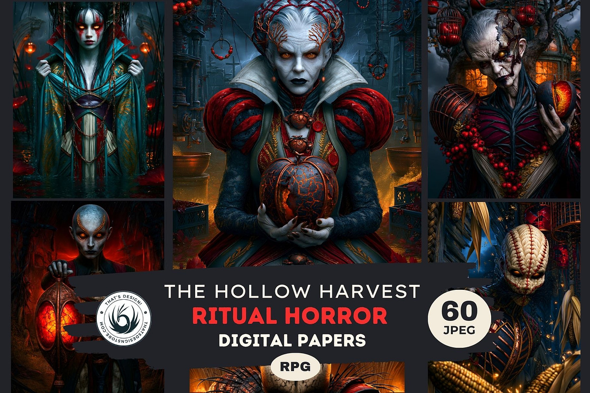 Harvest Ritual Horror Digital Paper, a Seasonal Illustration by ThatsDesignArt (Photo 1 of 15)