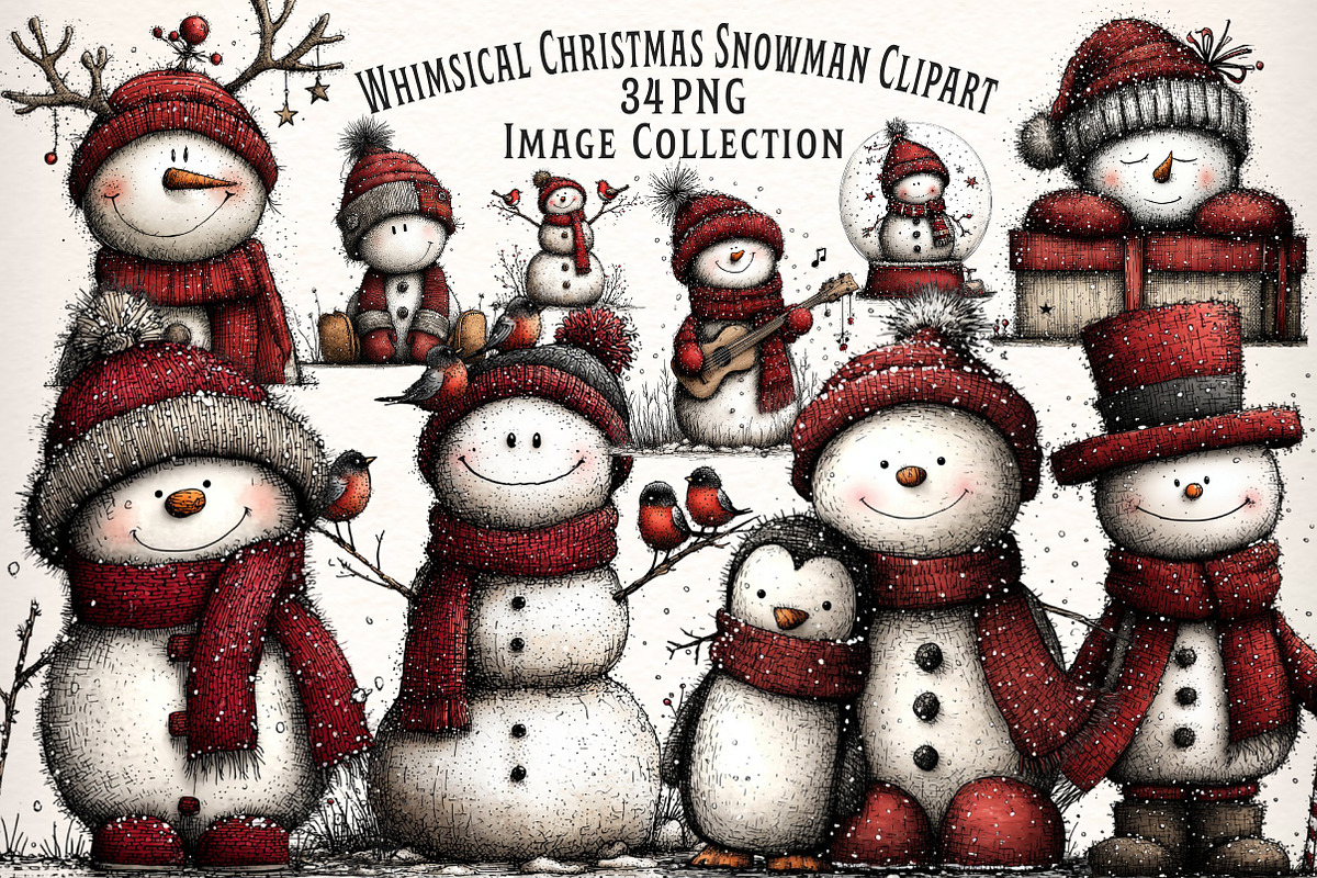 Whimsical Christmas Snowman Clipart, an Illustration by Dream Creation (Photo 1 of 6)