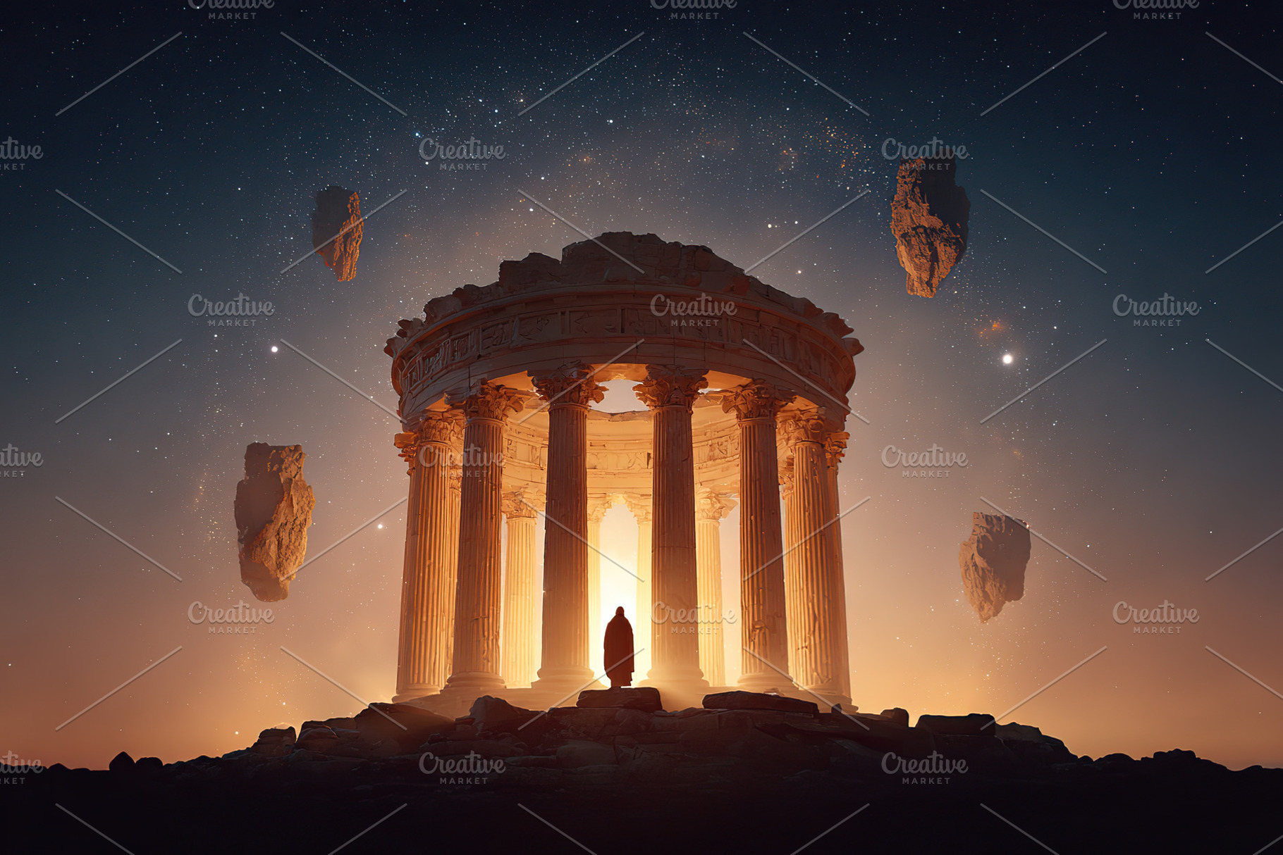 Ancient temple bathed in golden light under a starry sky with floating rocks, a Photo by AlyaAnd