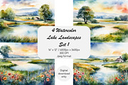 Watercolor Lake Landscapes Set 1, a Decorative Illustration by Kat's Artful Creations (Thumbnail 1 of 10)