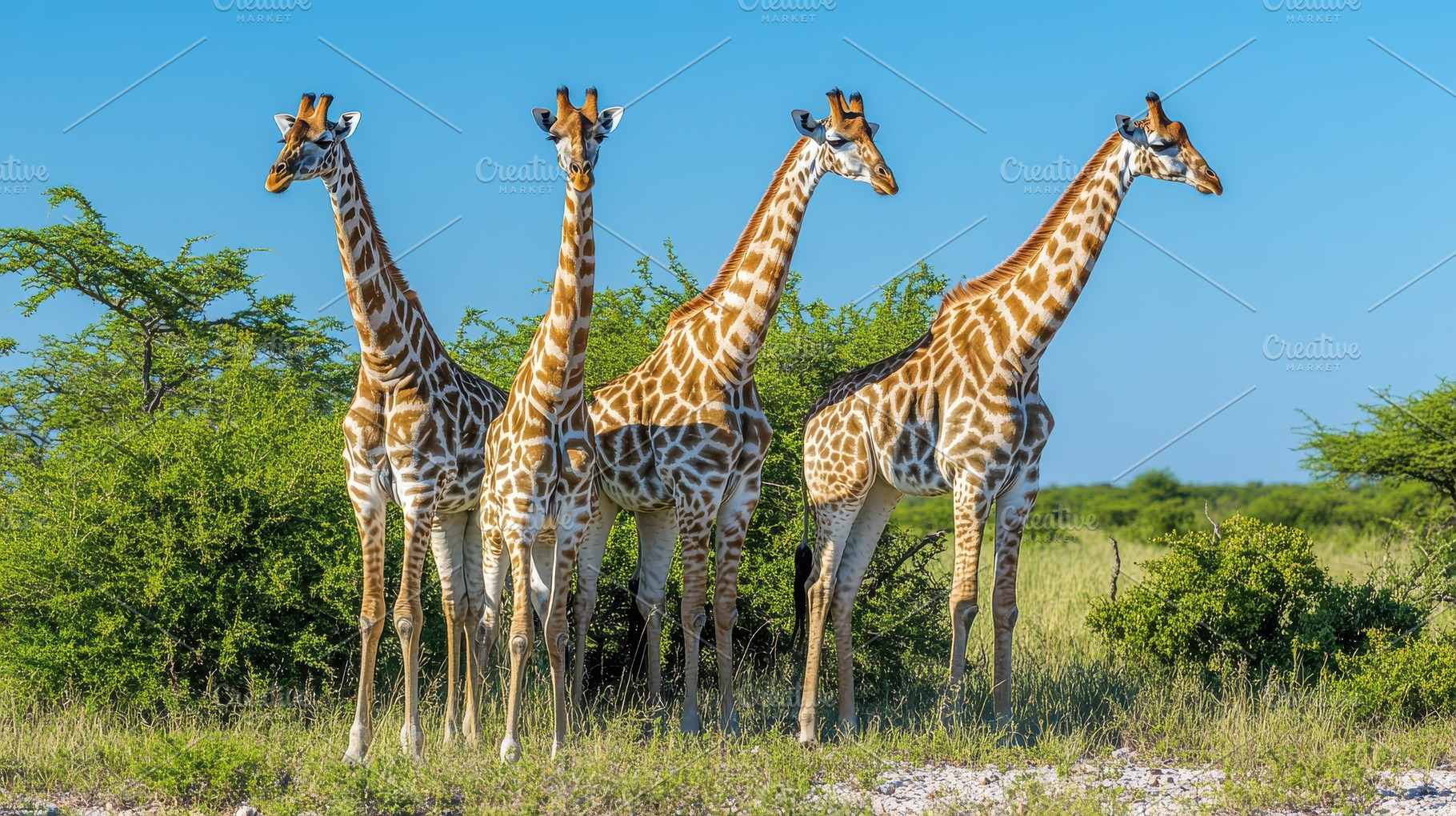 A quartet of giraffes stands gracefu, an Animal Photo by Pixeness Studio