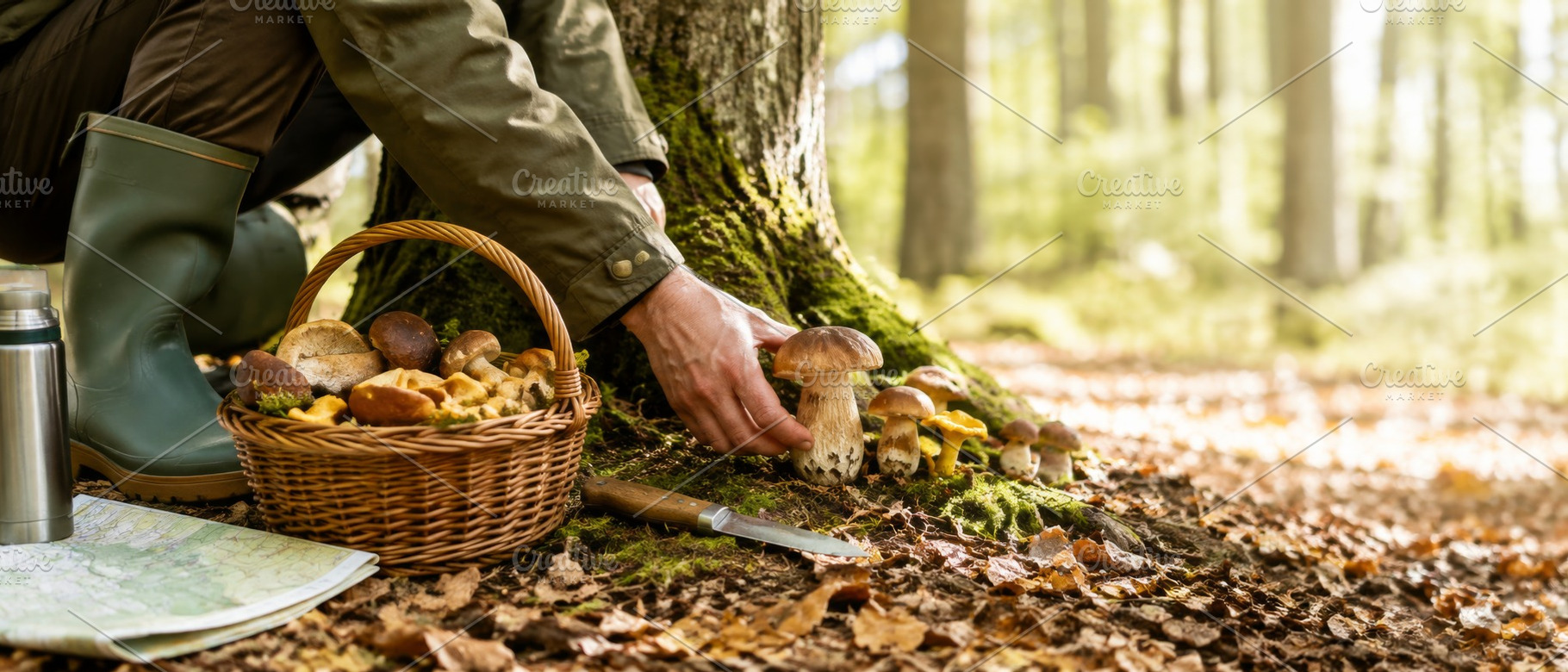 Wild mushroom season in forest with, a Photo by Dvoevnore photos