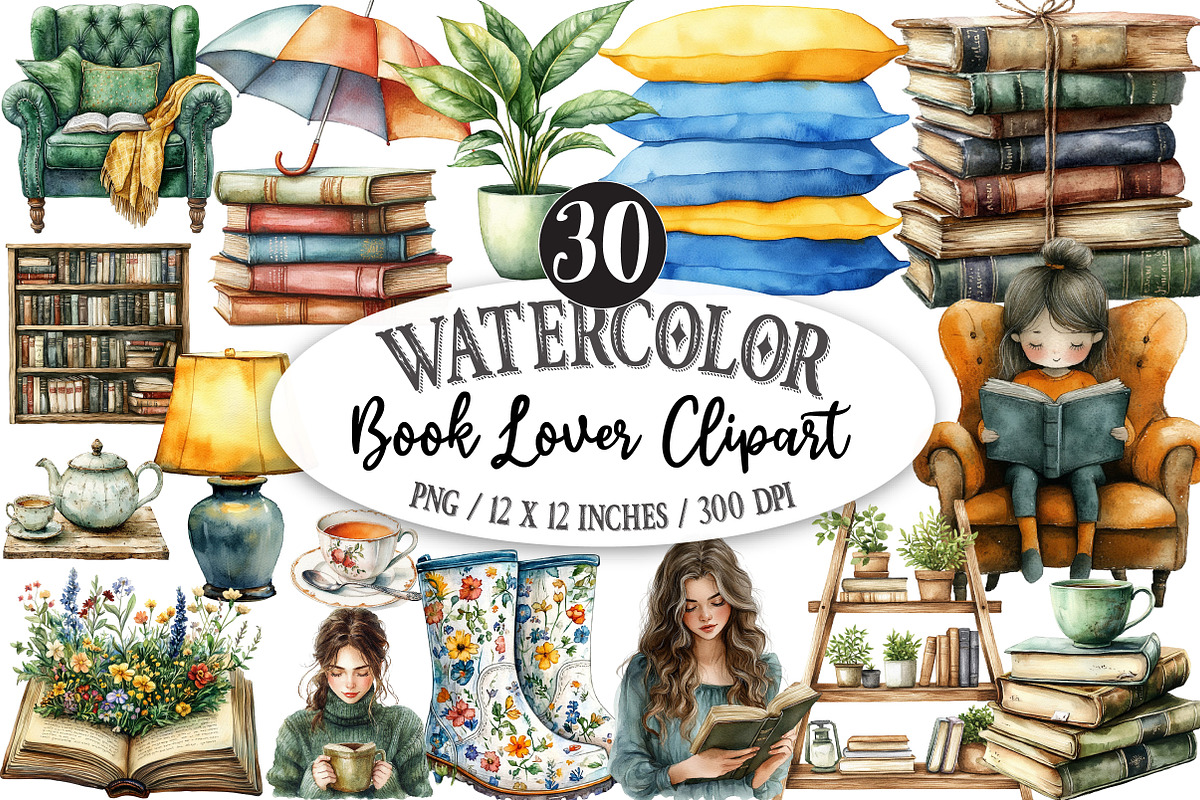 Watercolor Book Lover Clipart, an Illustration by Designking (Photo 1 of 5)