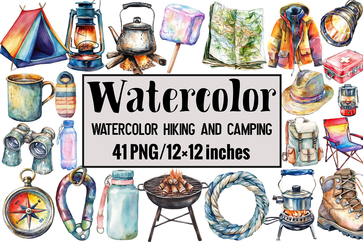 Watercolor Hiking and Camping, an Illustration by Design Market (Photo 1 of 3)