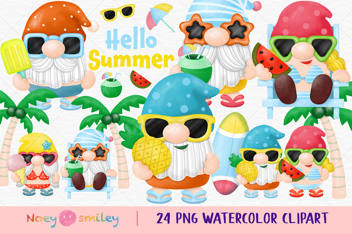 Watercolor Gnomes Summer Beach Clipa, an Illustration by Noey smiley (Photo 1 of 8)