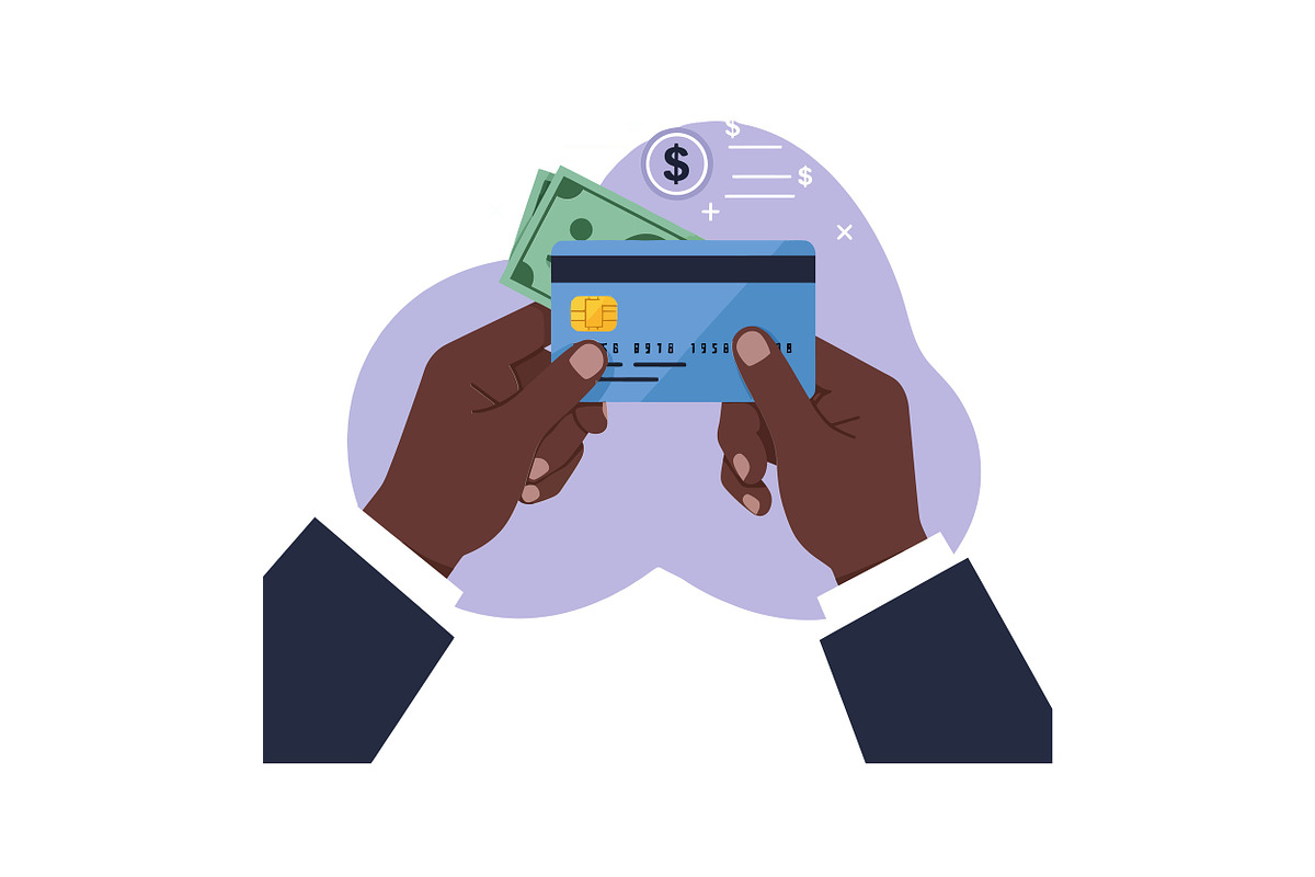 Hands holding a credit card and cash, an Illustration by designvectx