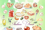 Italian Feast Watercolor Clipart, a Food Illustration by ArtCreationsDesign (Thumbnail 3 of 9)