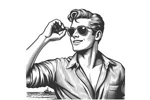 Smiling man in sunglasses engraving, a Person Illustration by AlexArt