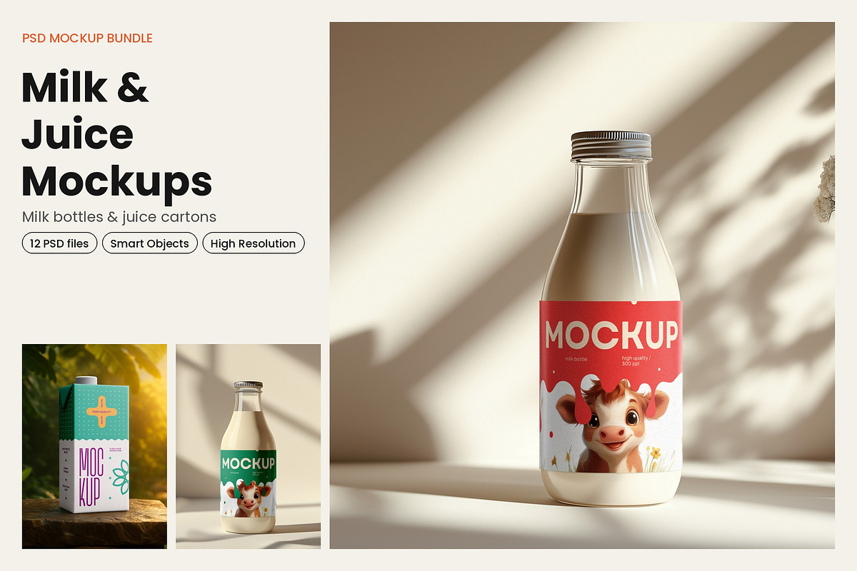 Milk & Juice Packaging Mockups, a Packaging Mockup by dpi (Photo 1 of 14)