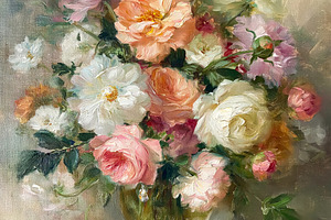Oil painting featuring a beautiful rose bouquet in a glass vase, a Photo by Studio ANNA