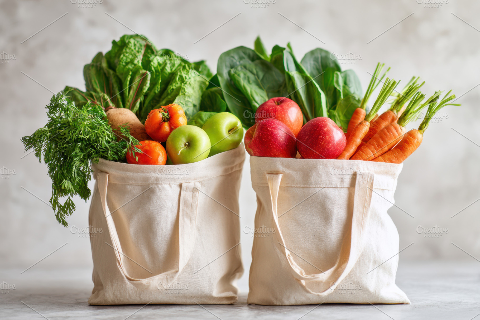 Fresh fruits and vegetables in reusable bags, a Food & Drink Photo by AlyaAnd