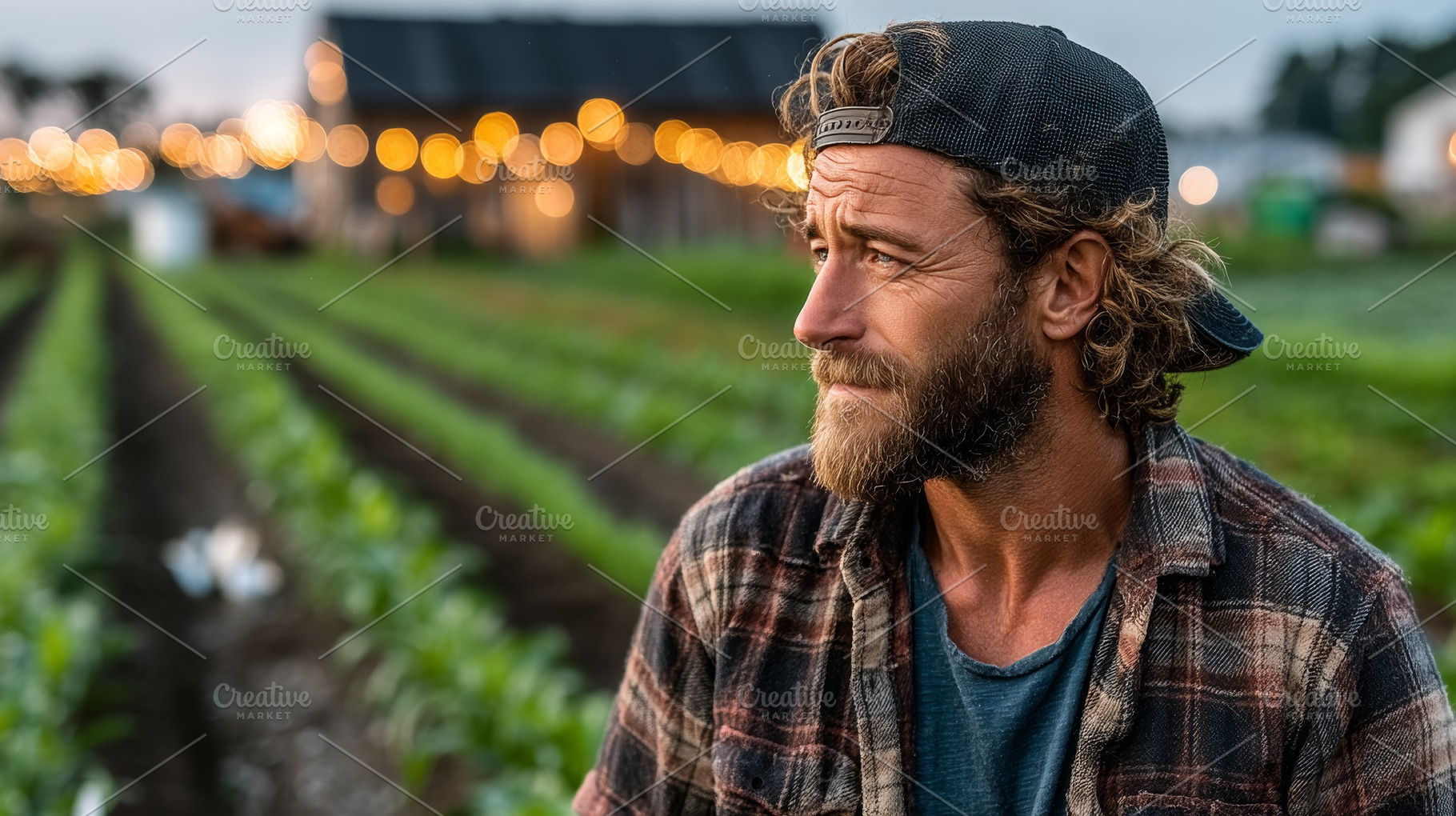 Man standing in a field with a barn lighting the evening, a Photo by AS photostudio