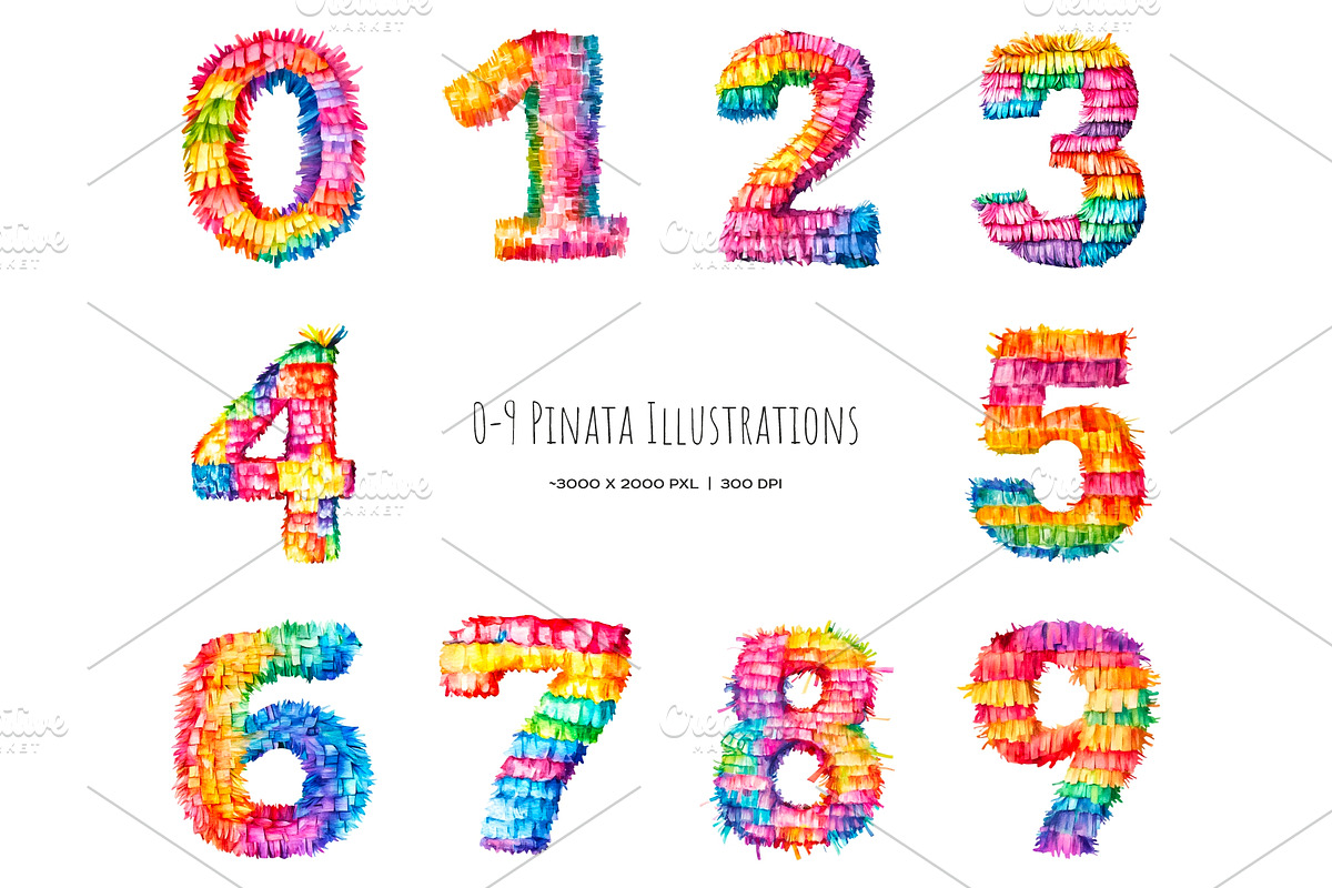 Watercolor 0-9 digits pinata clipart, an Object Illustration by Art and Funny (Photo 2 of 9)