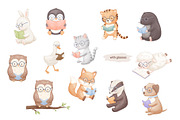 Reading Animals Watercolor Clipart, an Animal Illustration by ElenaPlatovaArt (Thumbnail 4 of 22)