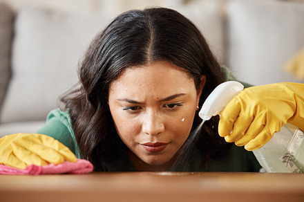 Face, spray bottle and a woman cleaning a wooden surface in her home for hygiene or disinfection. Gloves, product or bacteria and a cleaner with focus using detergent to spring clean in an apartment, a Photo by Peopleimages.com