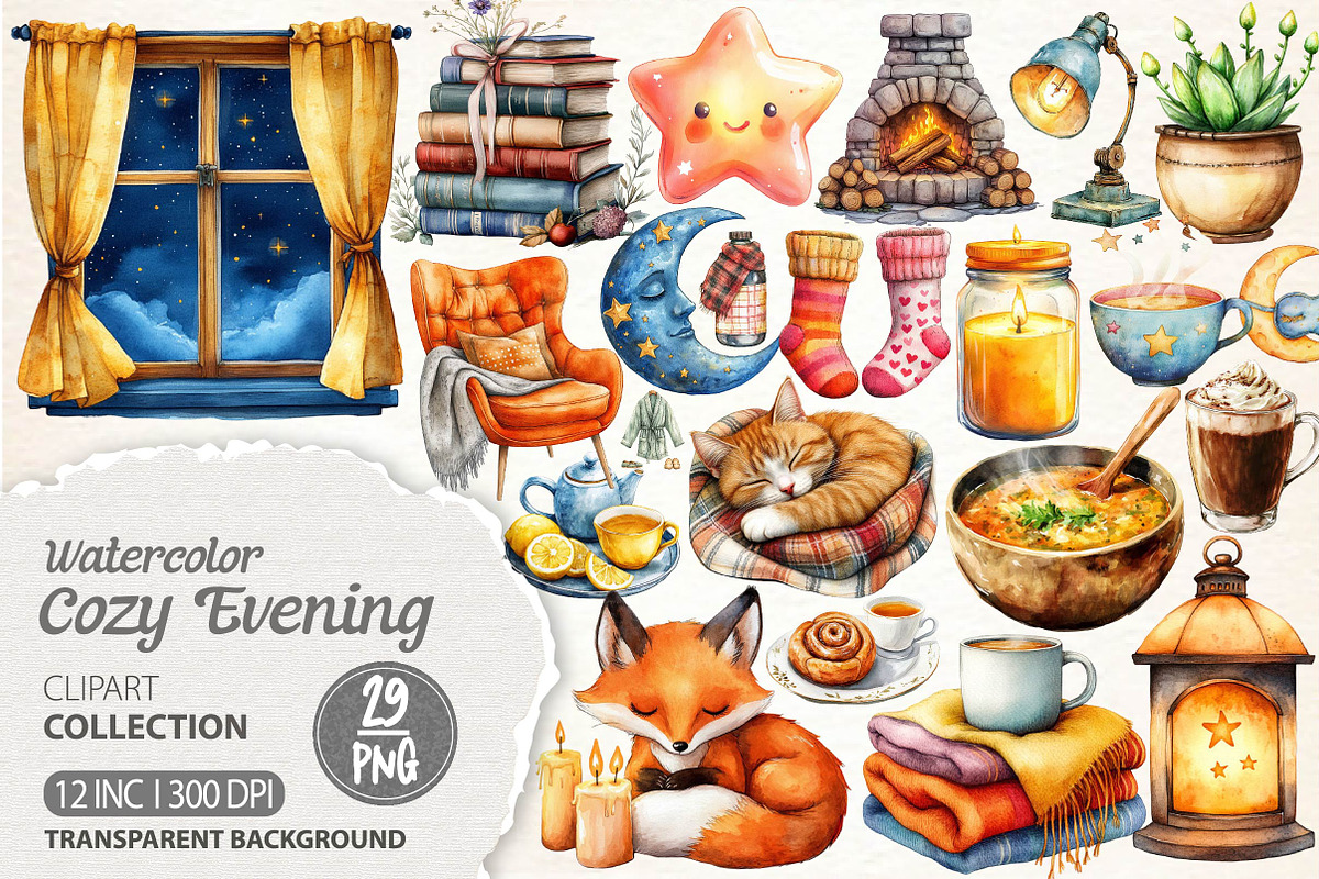 Watercolor Cozy Evening Clipart, an Illustration by Dream Creation (Photo 1 of 6)