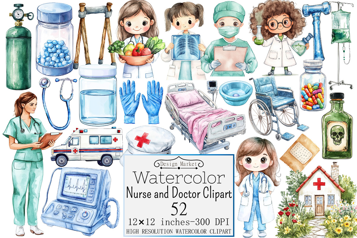 Watercolor Nurse and Doctor Clipart, a Seasonal Illustration by Design Market (Photo 1 of 5)
