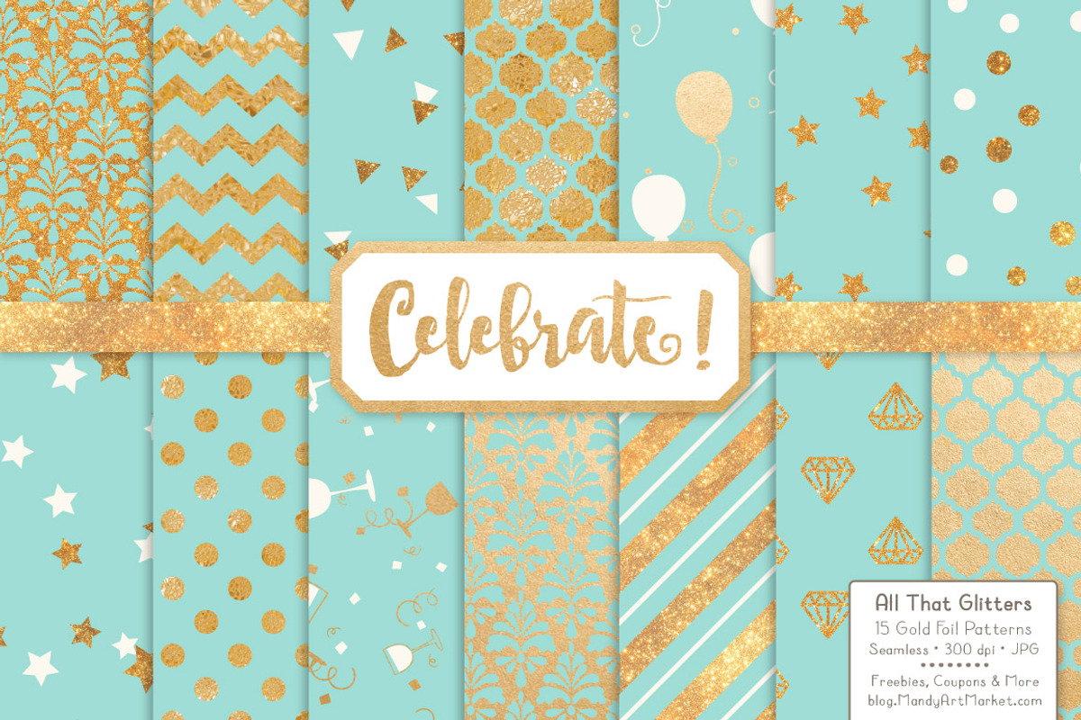 Aqua Gold Foil Digital Papers, a Pattern Graphic by Amanda Ilkov (Photo 1 of 4)
