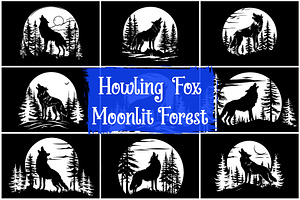 Forest Fox Howling Moon Scene, an Illustration by balal