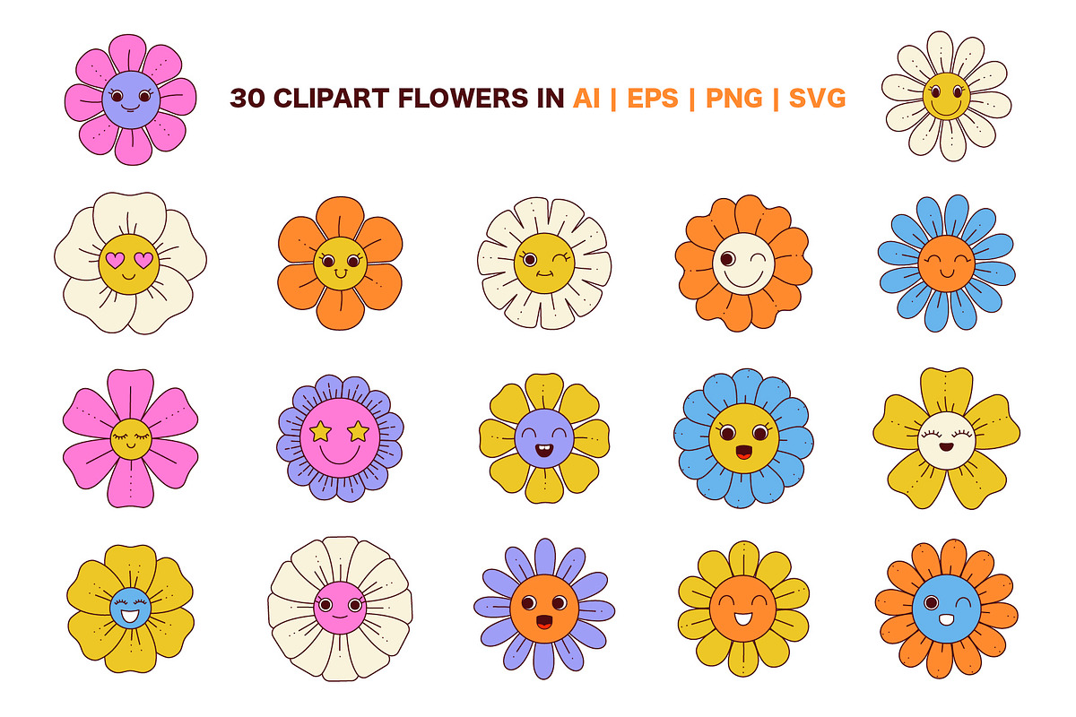 Groovy flowers with cartoon face, a Decorative Illustration by Lettering_Logo (Photo 3 of 5)