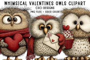 Whimsical Valentines Owls Clipart, an Illustration by CreationArt