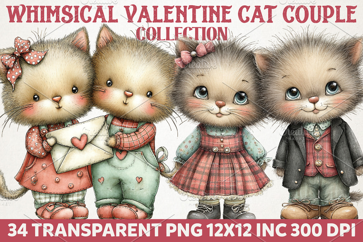 Whimsical Valentine Cat Couple PNG, an Illustration by RobertsArt (Photo 1 of 7)