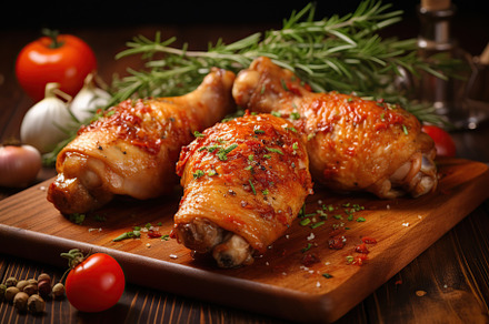 Grilled chicken legs with rosemary on brown wooden background, a Food & Drink Photo by AlyaAnd