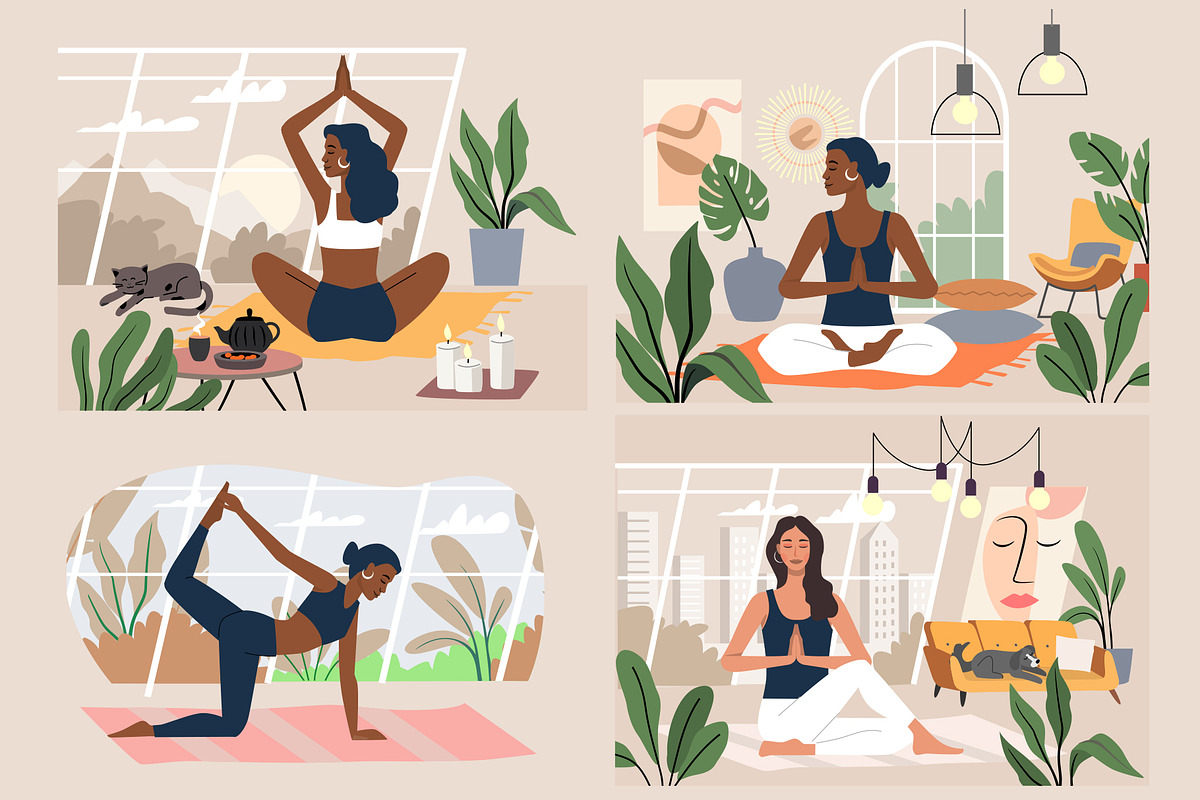 Relax & meditation. Vector woman set, a Person Illustration by bioraven (Photo 3 of 12)