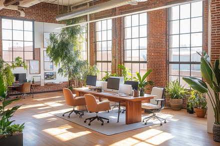 Modern Industrial Office with Natural Light and Green Plants, an Abstract Photo by Natalia Klenova's Shop