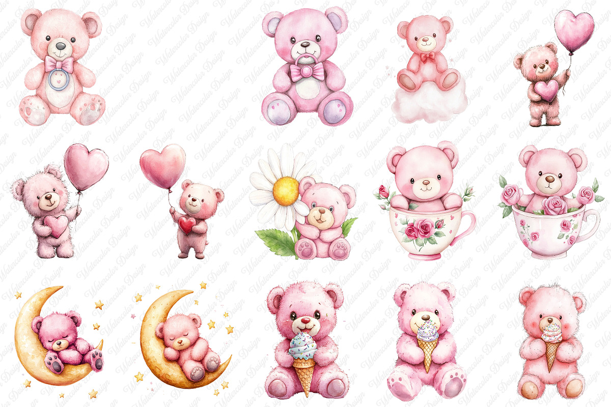 Pink Cute Blush Teddy Bear png, an Illustration by Watercolor design (Photo 2 of 11)