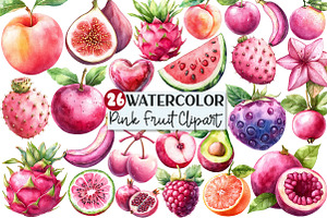 Watercolor Pink Fruit Clipart, an Illustration by Rose Art