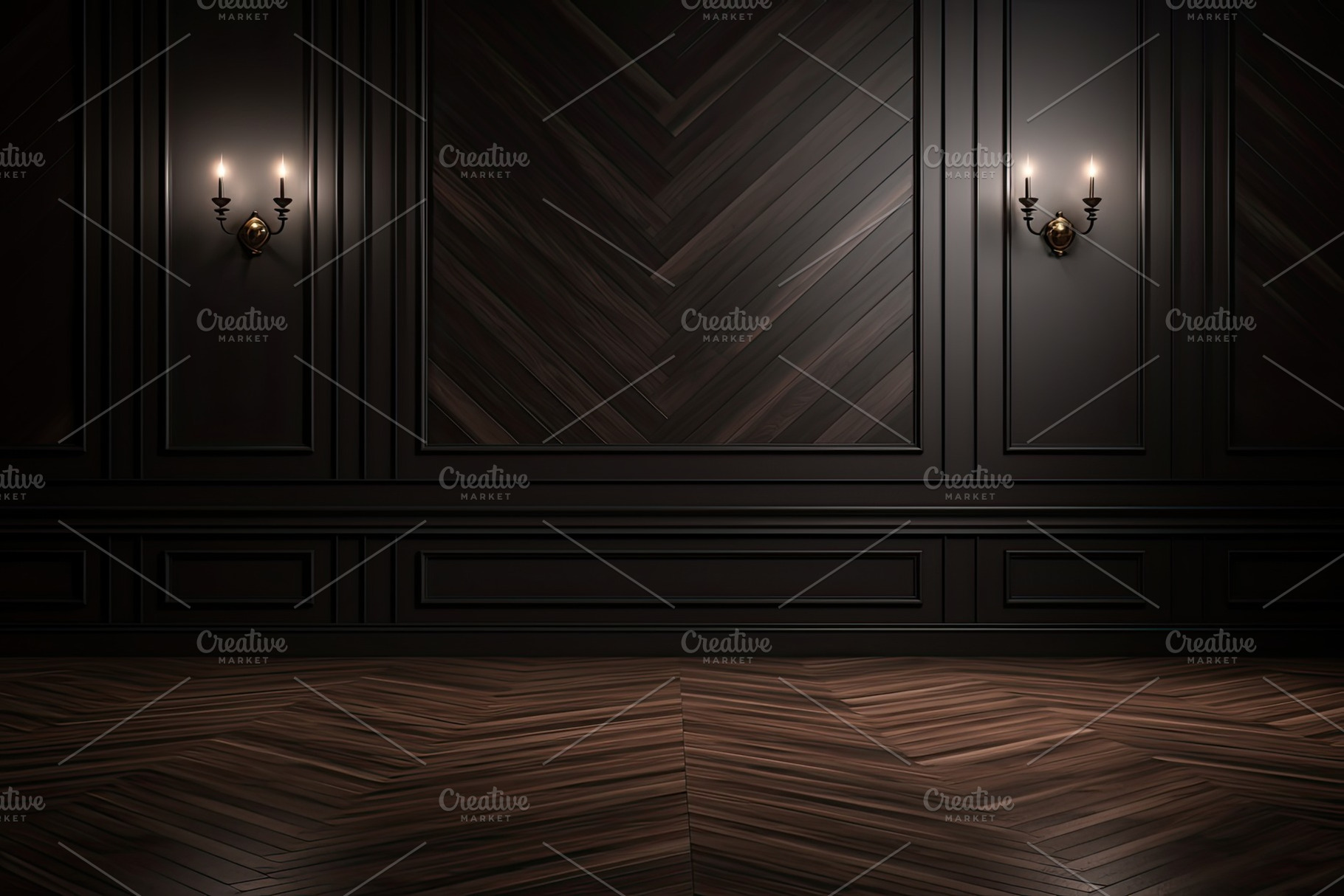 Black classic wooden highlighted wall background with lamp, sconce on the wall,, a Background Photo by zakiroff