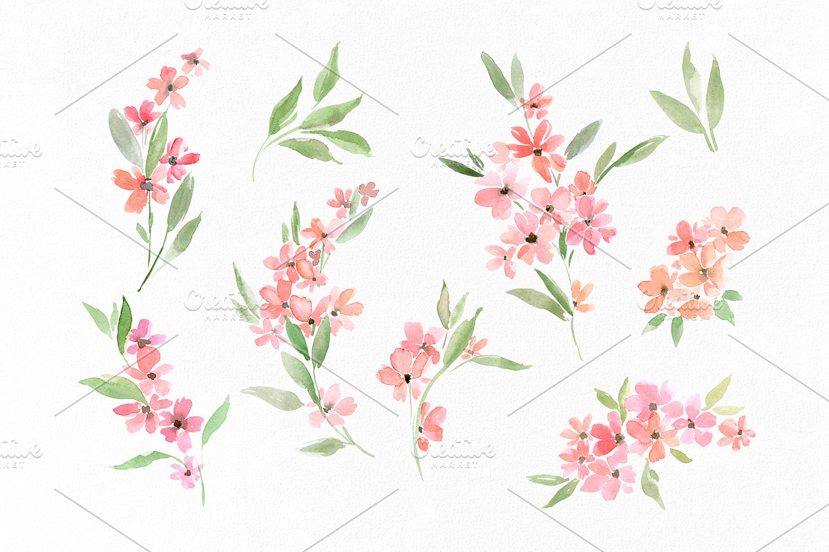 Watercolor Pink Floral Sprigs, a Decorative Illustration by GraphicsDish (Photo 2 of 3)