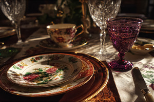 Vintage porcelain dinnerware and ornate glassware creating an el, a Photo by Studio ANNA
