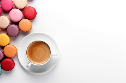 Colorful macarons with cup of coffee on white background, a Food & Drink Photo by AlyaAnd