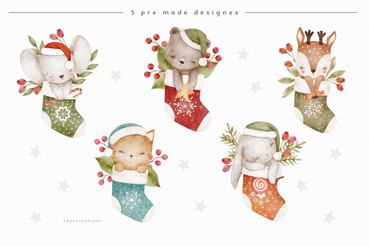 FUNNY CHRISTMAS watercolor set, an Animal Illustration by erasovas (Photo 5 of 8)