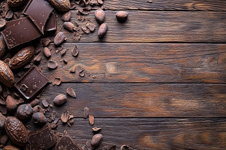 Delicious dark chocolate pieces and cocoa beans arranged on rustic wooden backg, a Background Photo by ImageMir