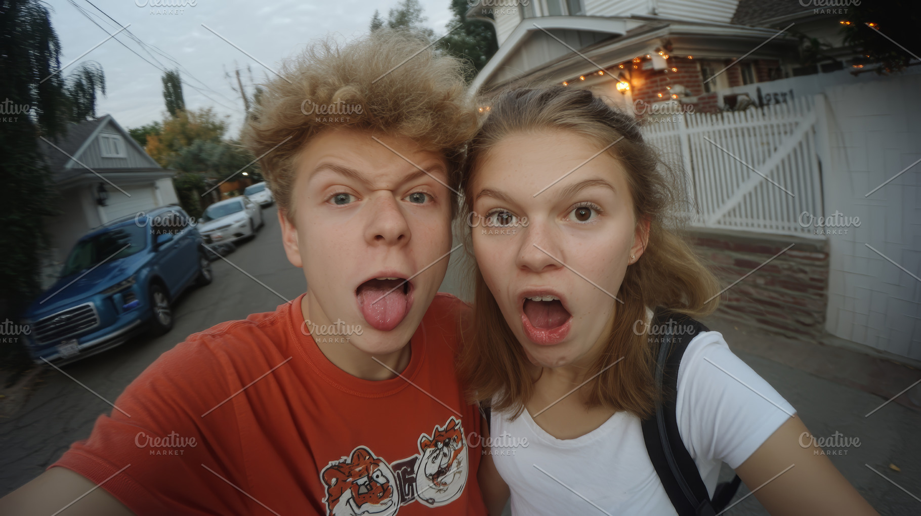 Fun selfie of two friends on a street with surprised expressions and casual out, a Photo by AS photostudio