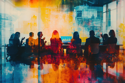 Business team meeting city backdrop, a Background Photo by Pixeness
