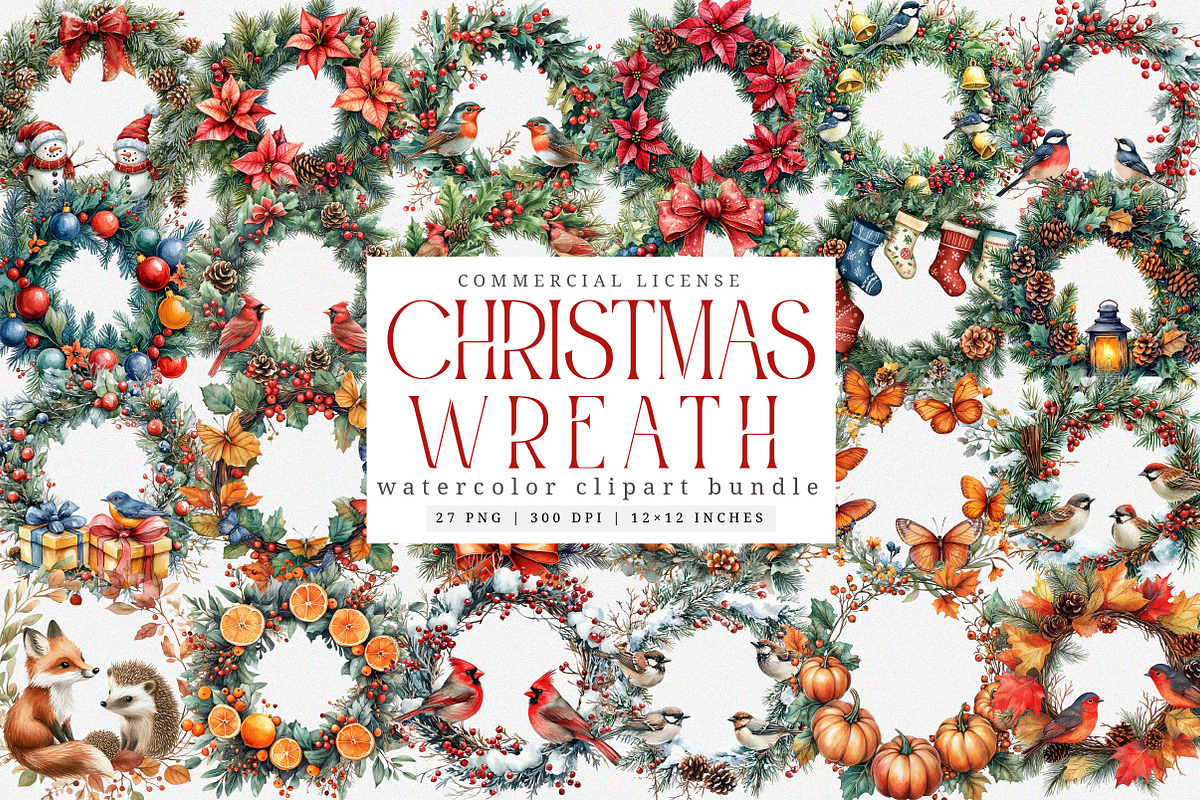 Watercolor Christmas Wreath Clipart, an Illustration by SinaCreation (Photo 1 of 7)